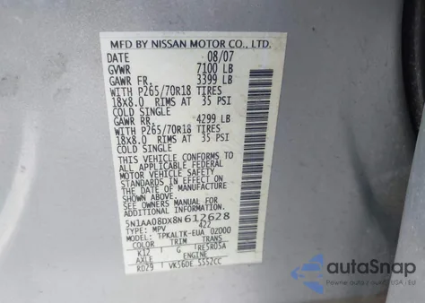 2008 Nissan Armada Se z USA, uszkodzony, nr VIN 5N1AA08DX8N612628